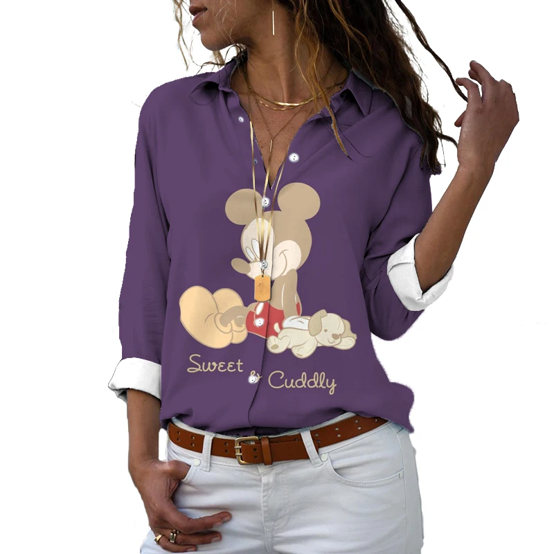 Floral Elegant Harajuku Lapel Shirt Casual Female Disney Top Temperament Long Sleeve Shirt Elegant Top Fashion Loose Shirt Y2K