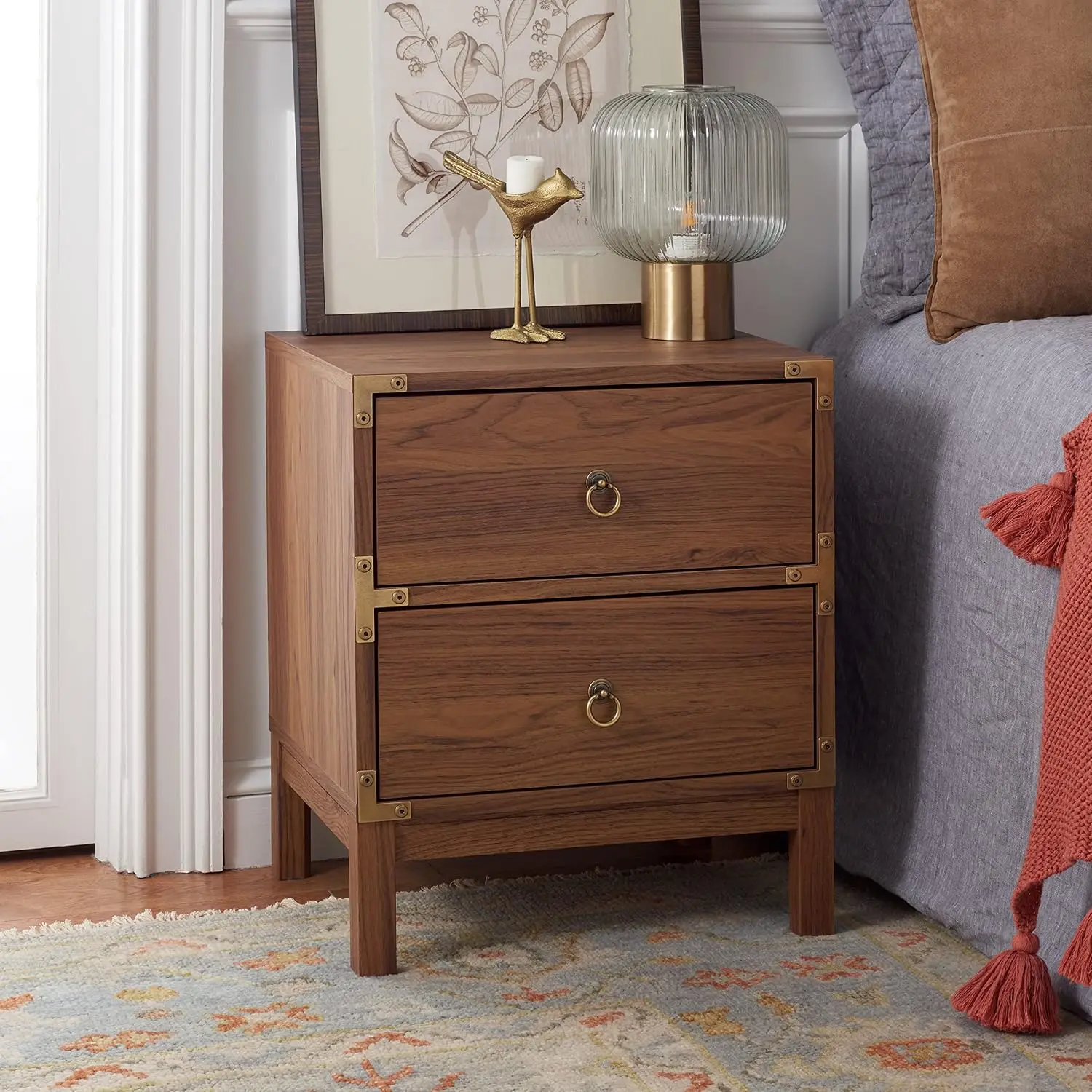 Vintage-Inspired 2-Drawer Nightstand with Storage for Bedroom, Walnut & Gold, Customized