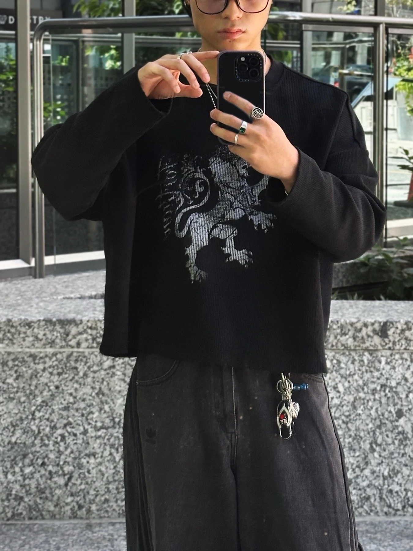 Ins Personalized Punk Print Round Neck Sweatshirt Long Sleeved Pullover T-Shirt Base Shirt Retro Outfit Y2K
