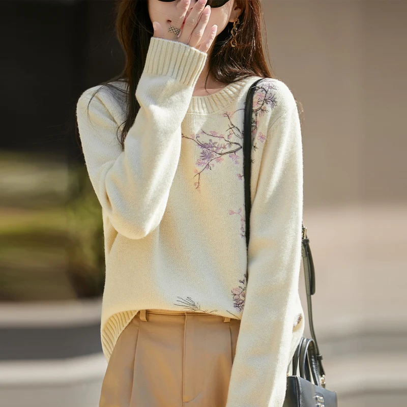 

Осень/зима 2022, новый свободный свитер из 100% чистой шерсти с круглым вырезом, женский жаккардовый кашемировый вязаный топ с вышивкой, хит продаж