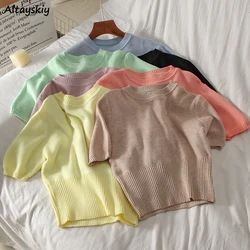 Pullovers Women Casual Solid Simple Fashion Korean Summer Thin Short Sleeve All-match Slim Кофта Женская Colorful Ladies Chic