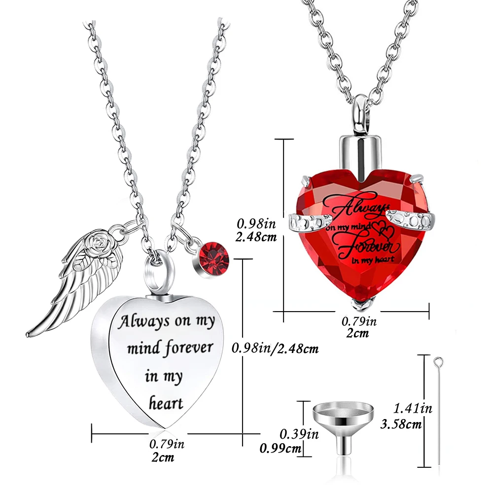 2Pcs  Cremation Jewelry Angel Wing Heart Urn Pendant Necklaces for Women Crystal Birthstone Urns for Human Ashes Memorial Locket