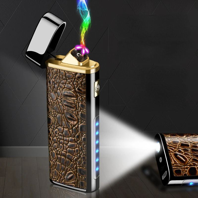 Dual Arc Lighter with Illuminating Light, USB Charging and Stylish Leather Texture for Tobacco Accessories