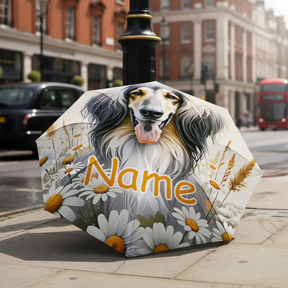 Custom Name umbrella,Elegant Long-Haired Canine with Daisies and Grasses Dog Fashion Folding Umbrella for Sunny and Rainy Days