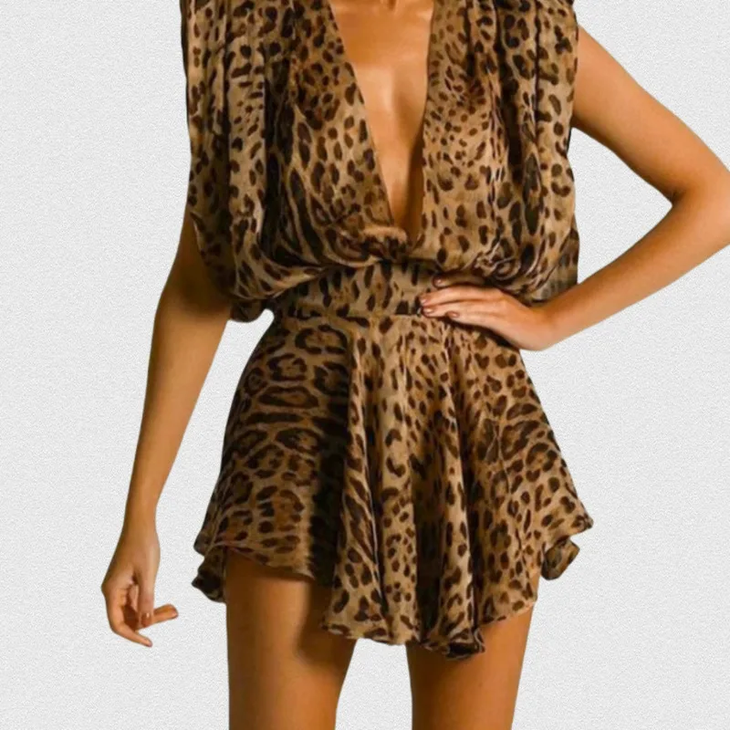 

European And American Leopard Print Summer Sexy Dress Deep V Neck Satin Waist Flowy Sexy Dress For Women Fashion Elegant Party