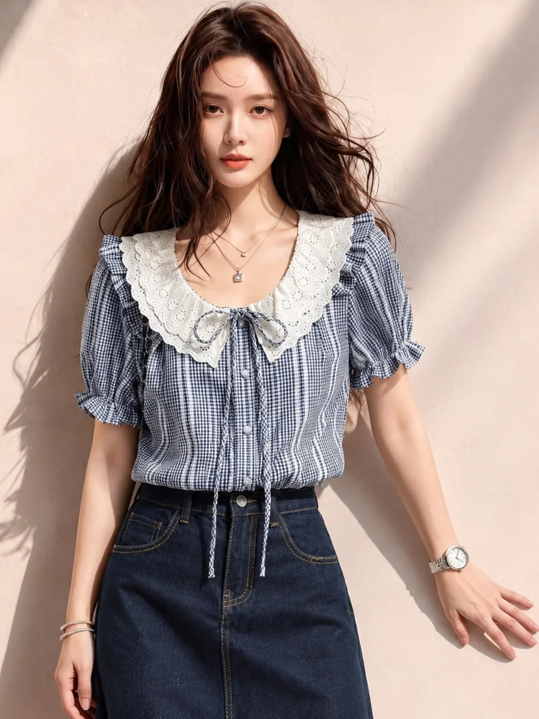 

Color Block Lace Trim Plaid Shirt Short Sleeve Women's Fashion Design Summer 2026 Straight Cut Korean Style Silk Top