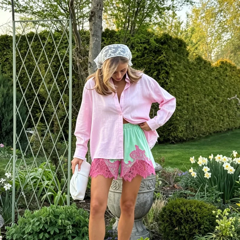 High Street Mint Green Velvet Shorts With Patchwork Lace Trim Paneled Elastic Waist Trousers Women Chic Edgy 2026 Summer Outfits