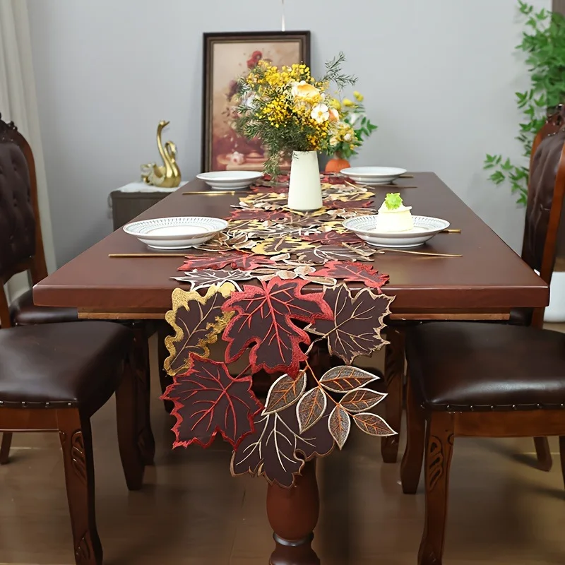 Autumn Thanksgiving Embroidery Hollow Table Runner Vintage Maple Leaf Harvest Dining Table Decor Prop