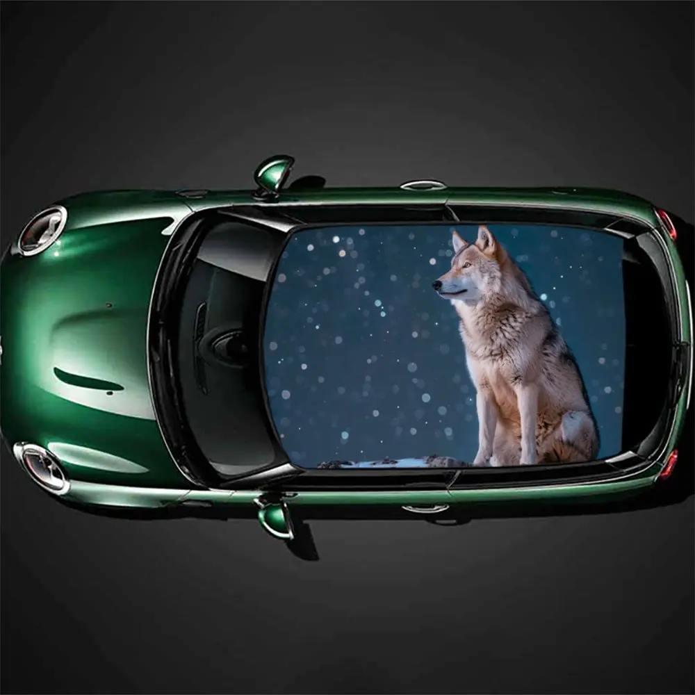 

Lone Wolf Thinking Under The Starry Sky Car Roof Sticker Wrap Racing SUV Auto Accessories Packaging PVC Car Hood Graphic Decal