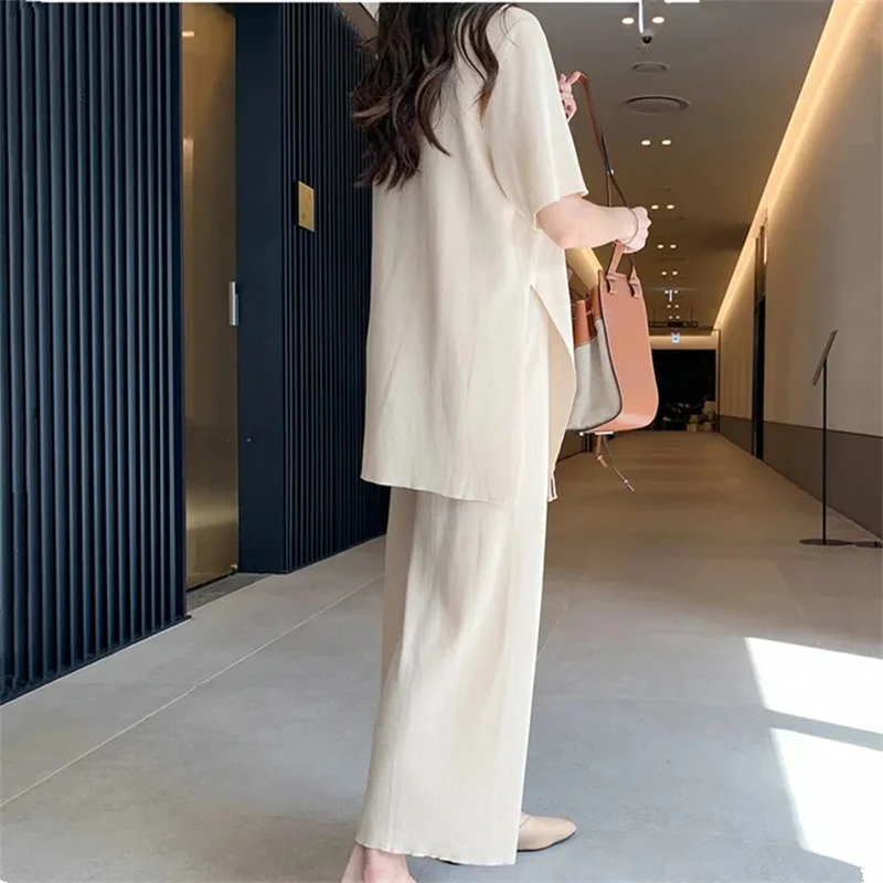 Loose Thin Elegant Knitted Pants 2 Piece Set Women Split Long Sleeve Tees Conjunto Casual Summer Wide Leg Pantalones Outfits