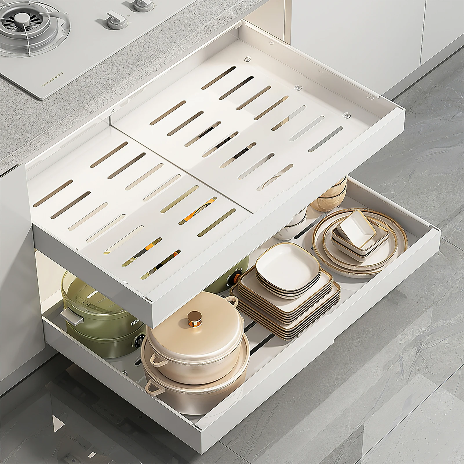 2 Stück (weiß) Ausziehbare Schrankregale | Schiebe-Regal-Schubladen-Organizer | Ausziehbares Schiebe-Ablagefach für Zuhause, Küche, Restaurant, Hotel – Detail 7