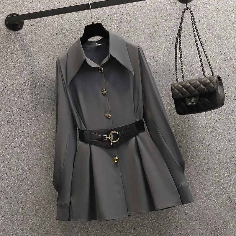 Korean Fashion Elegant Women's Pants Suit Casual Chiffon Shirt Personalized Waist Chain Trousers Two-piece Set Female Blazer