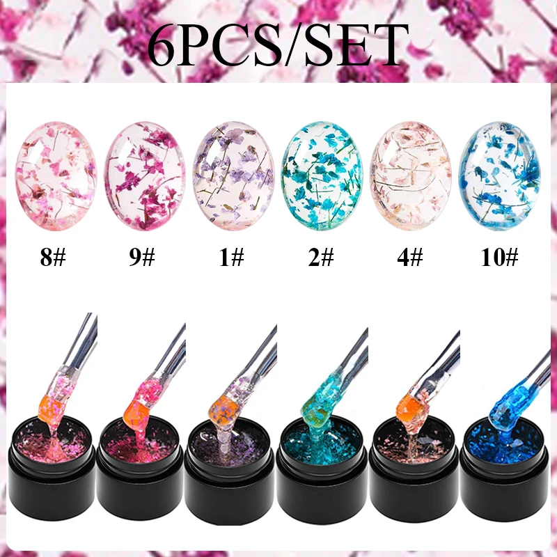 

6Pcs Dried Flower Gel Nail Polish Set Summer Colors Natural Flower Nail Art Painting Gel Polish Semi Permanent UV LED Varnish