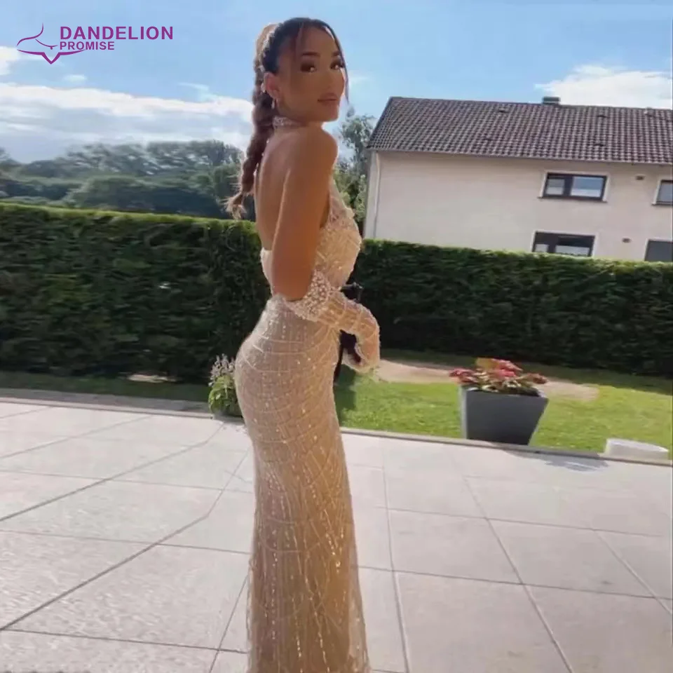 Elegant Mermaid Evening Dress for Women Luxury Arabic Halter Pearls with Gloves Formal Prom Occasion Wedding Party Gown