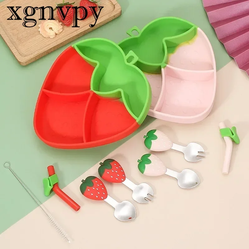 xgnvpy Children's Silicone Plate Fruit Series Strawberry Creative Complementary Food Plate with Suction Cup One Shaped