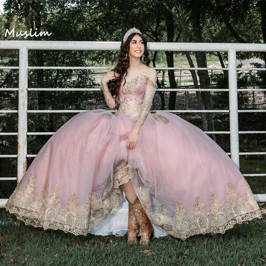 

Sparkly Pink Quinceanera Dresses 2022 Princess Sweetheart Crystal Long Sleeve Ball Gown Prom Dress Vestido De 15 Años Party Gown