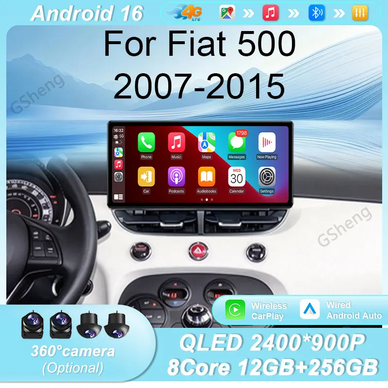 For Fiat 500 2007‑2015 12.3 inch Android 16 Car Radio Stereo GPS Navi Multimedia Player QLED IPS Touch Screen 4G BT DSP Wireless
