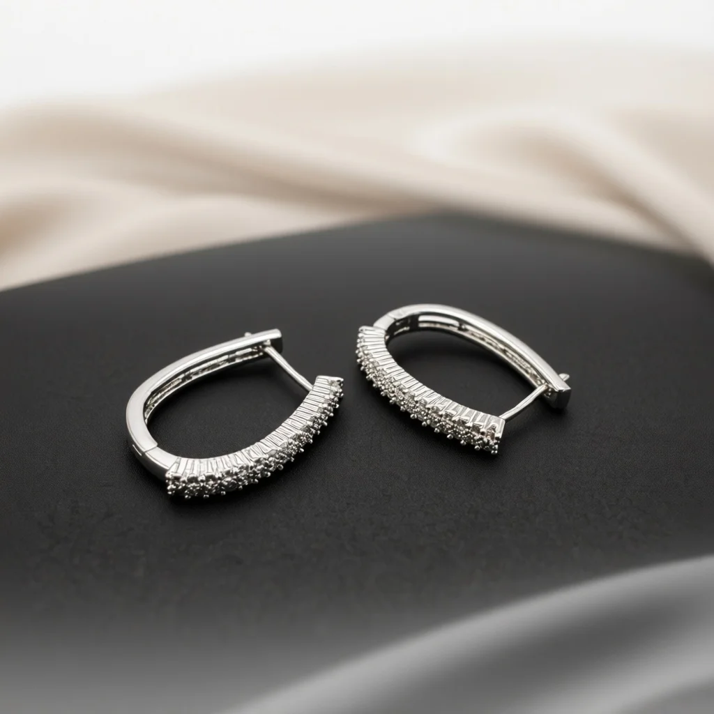 Silver Tone Oval Pave Zircon Click‑Top Hoop Earrings for Women, Inner Hollow Snap‑On Ear Clips, Sleek Fashion Ear Jewelry