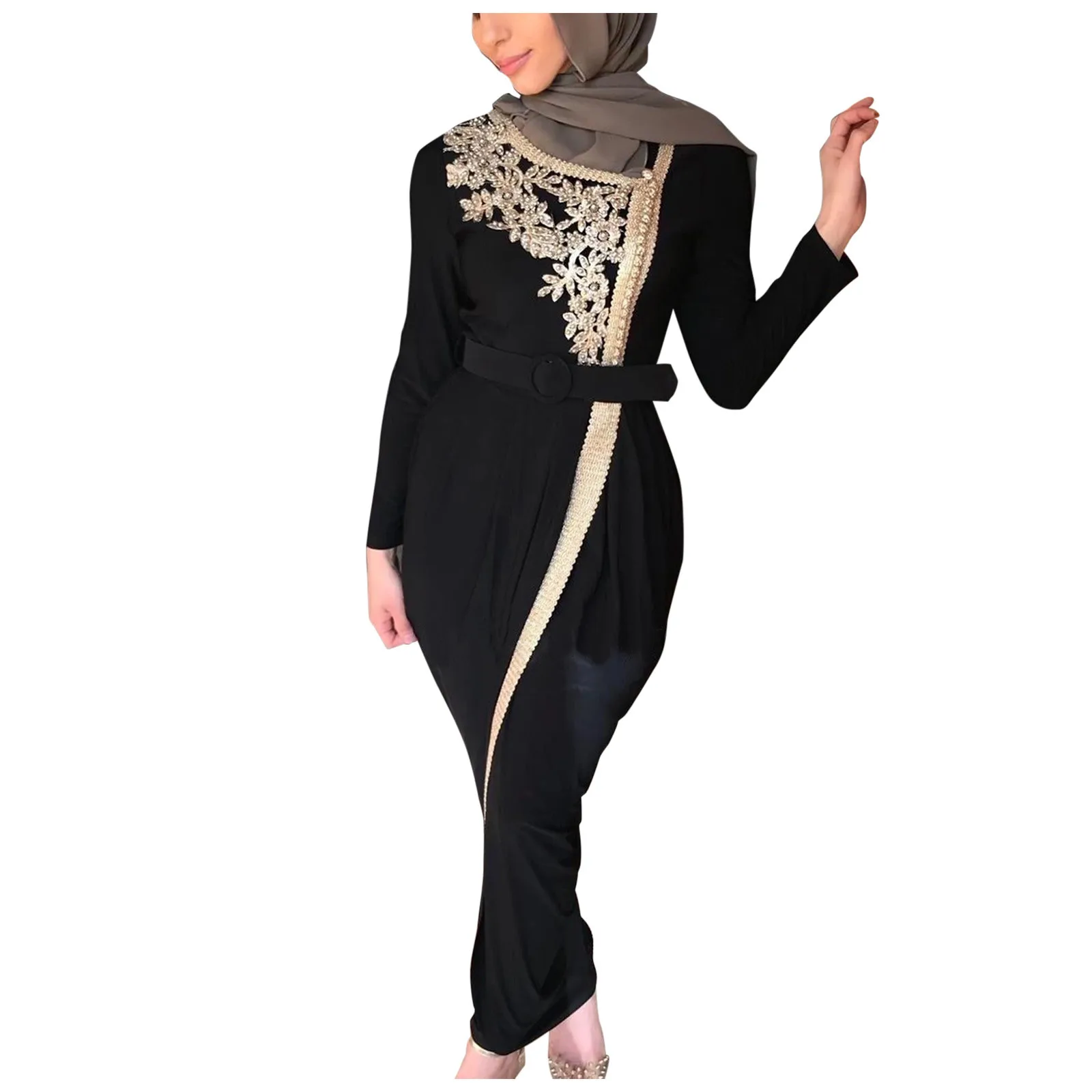 

Women's Muslim Elegant Fashion Dress Flower Print Soft Embroidered Long Sleeve Ankle Length Women's Waist Dresses Satin Clothes