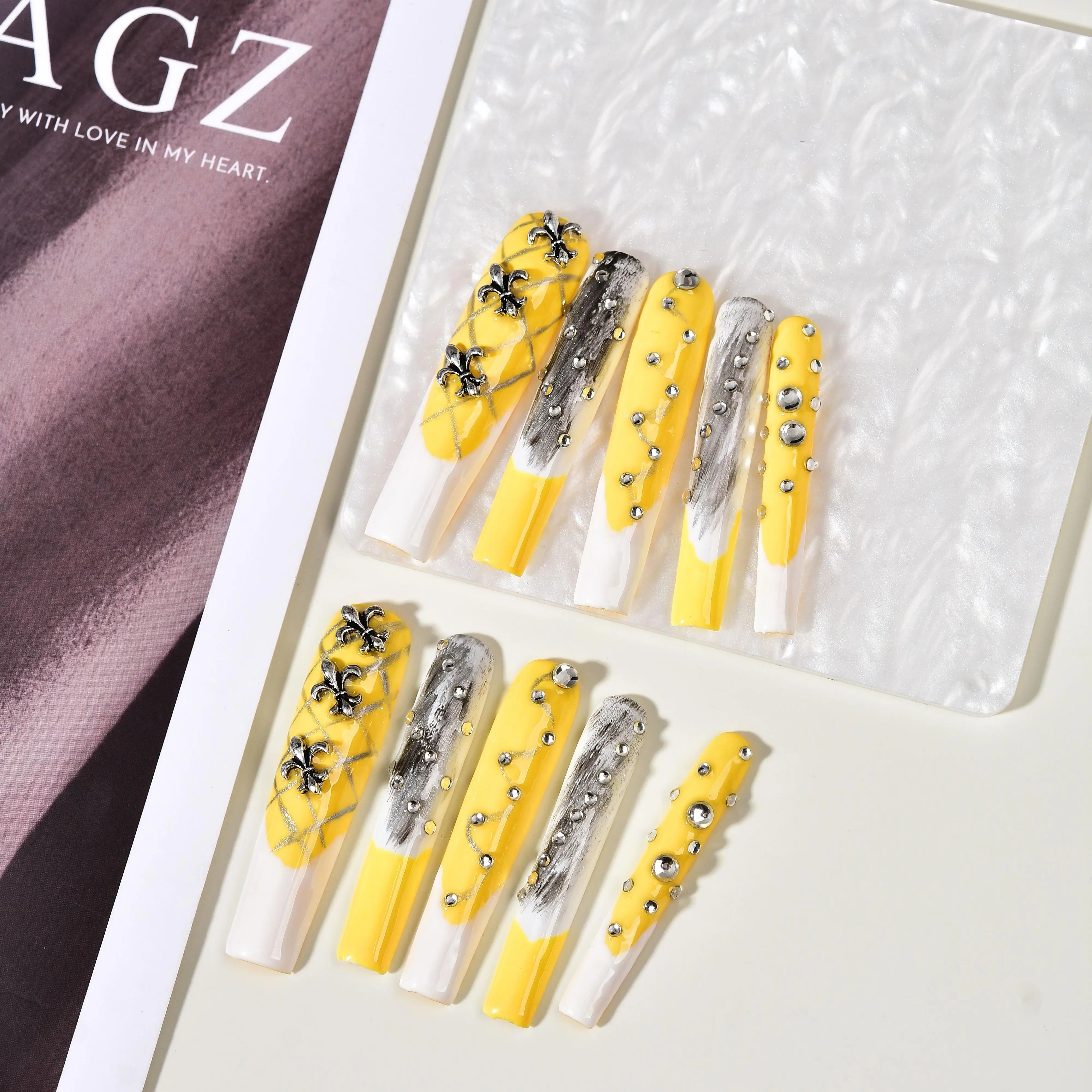 10Pcs Handmade Nails French Long coffin squaer False Nail yellow glossy Rhinestone  Design natural Reusable Full Cover Fake Nail