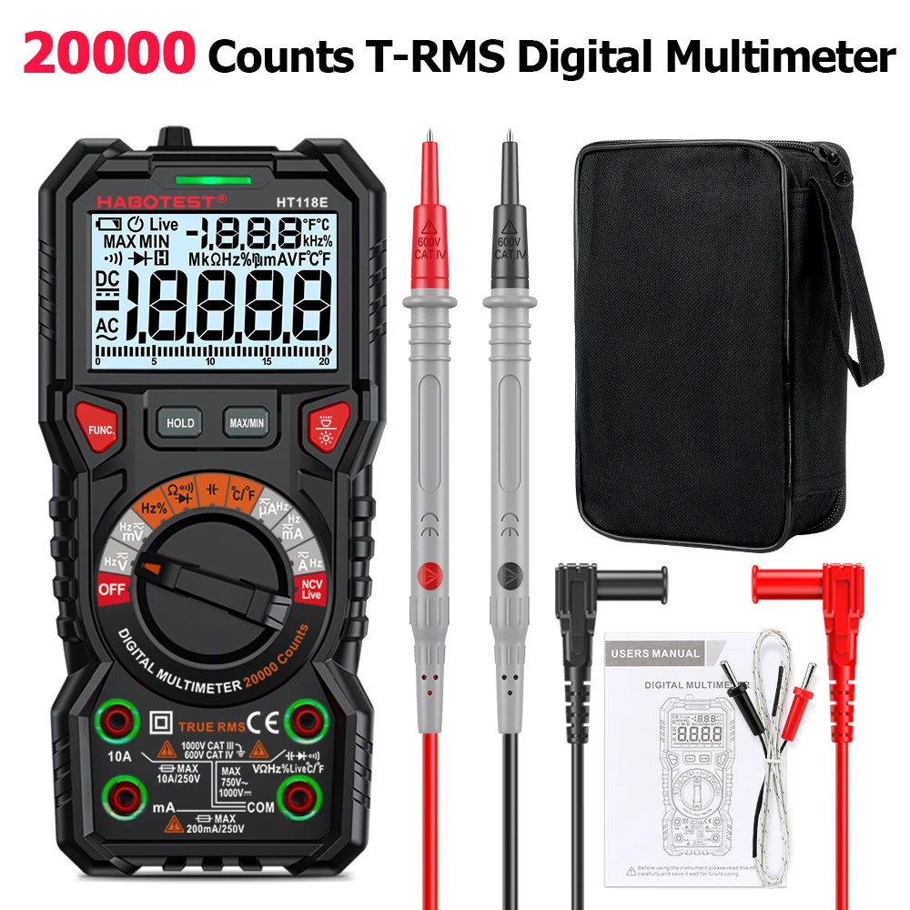 HT118E 20000 Counts TRMS Digital Multimeter Auto Range 1000V 10A AC DC Voltage & Current Ohm NCV Live Voltage Temperature Meter