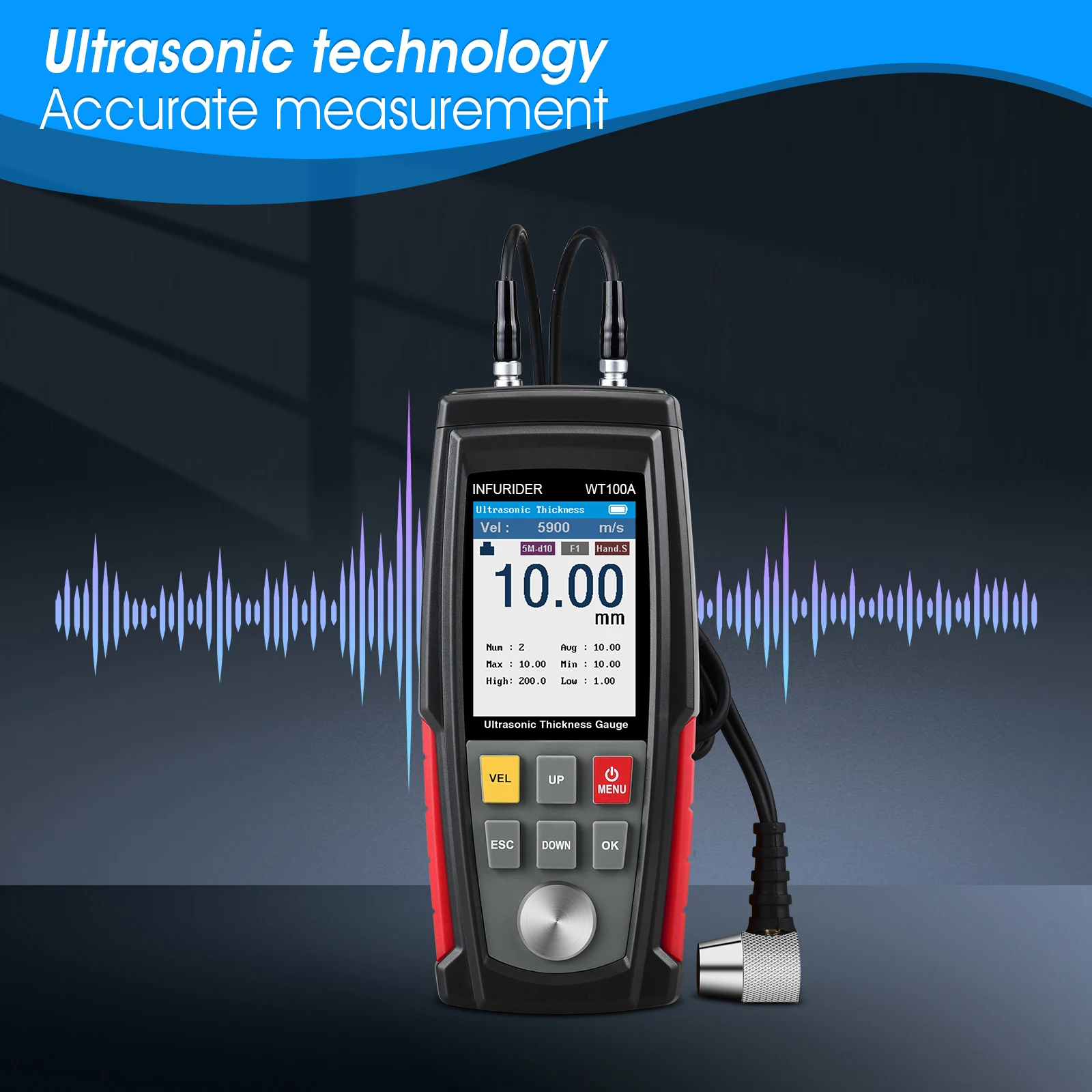 WT100A Ultrasonic Thickness Gauge - Digital High Precision Tester 0.04-11.8IN Tool for Metal Plastic Glass Measurement