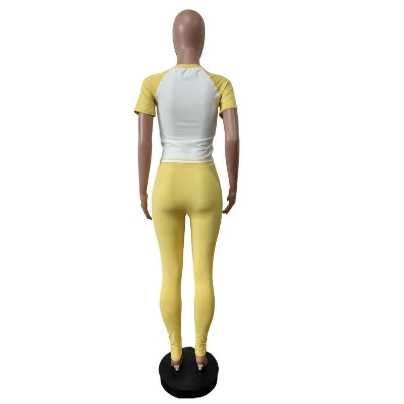 カラーパッチワークスリムフィットネス 2 点セット ヘッドバンド付き女性ジャージ半袖 T シャツトップス + スキニーパンツヨガスーツ