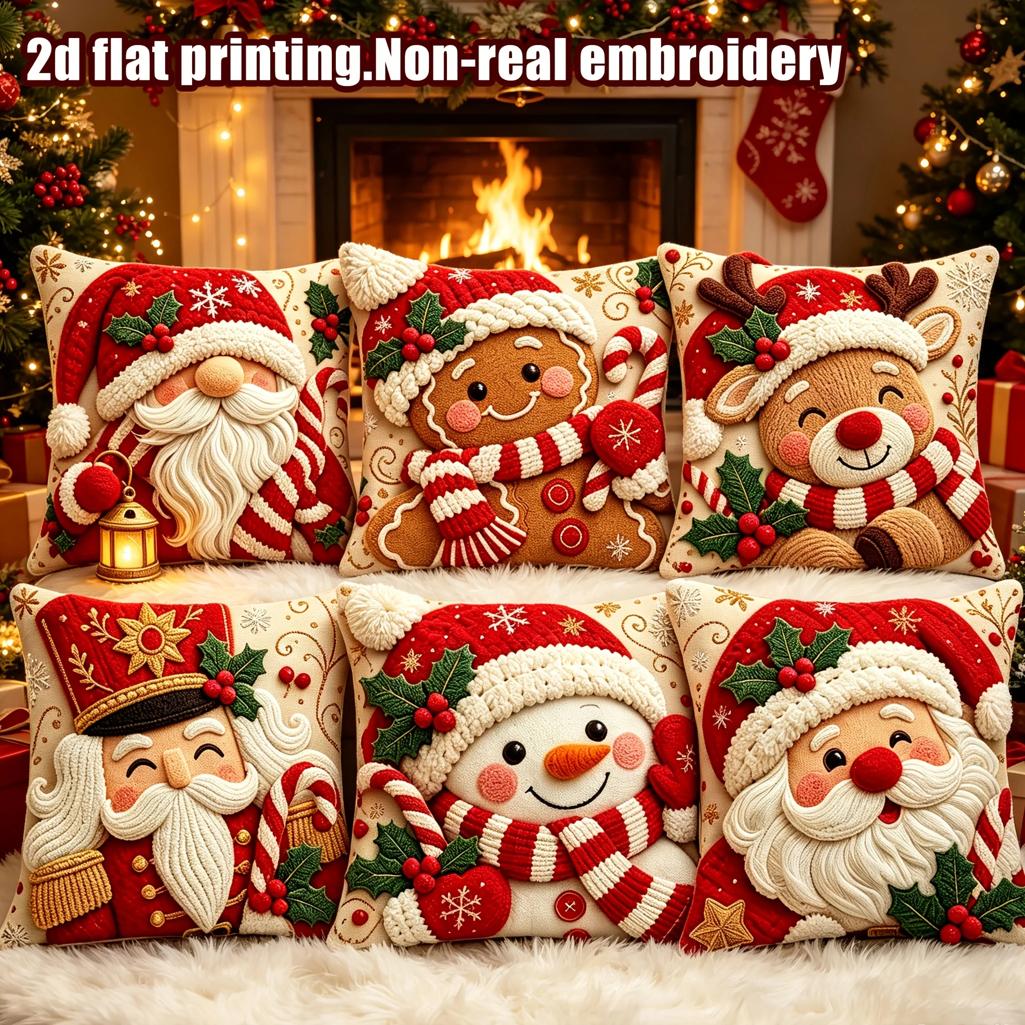 Christmas Pillow Cover 1pc Double Sided 2D Flat Printing Non-real Embroidery Santa Snowman Gingerbread Man Cushion Cover Sofa