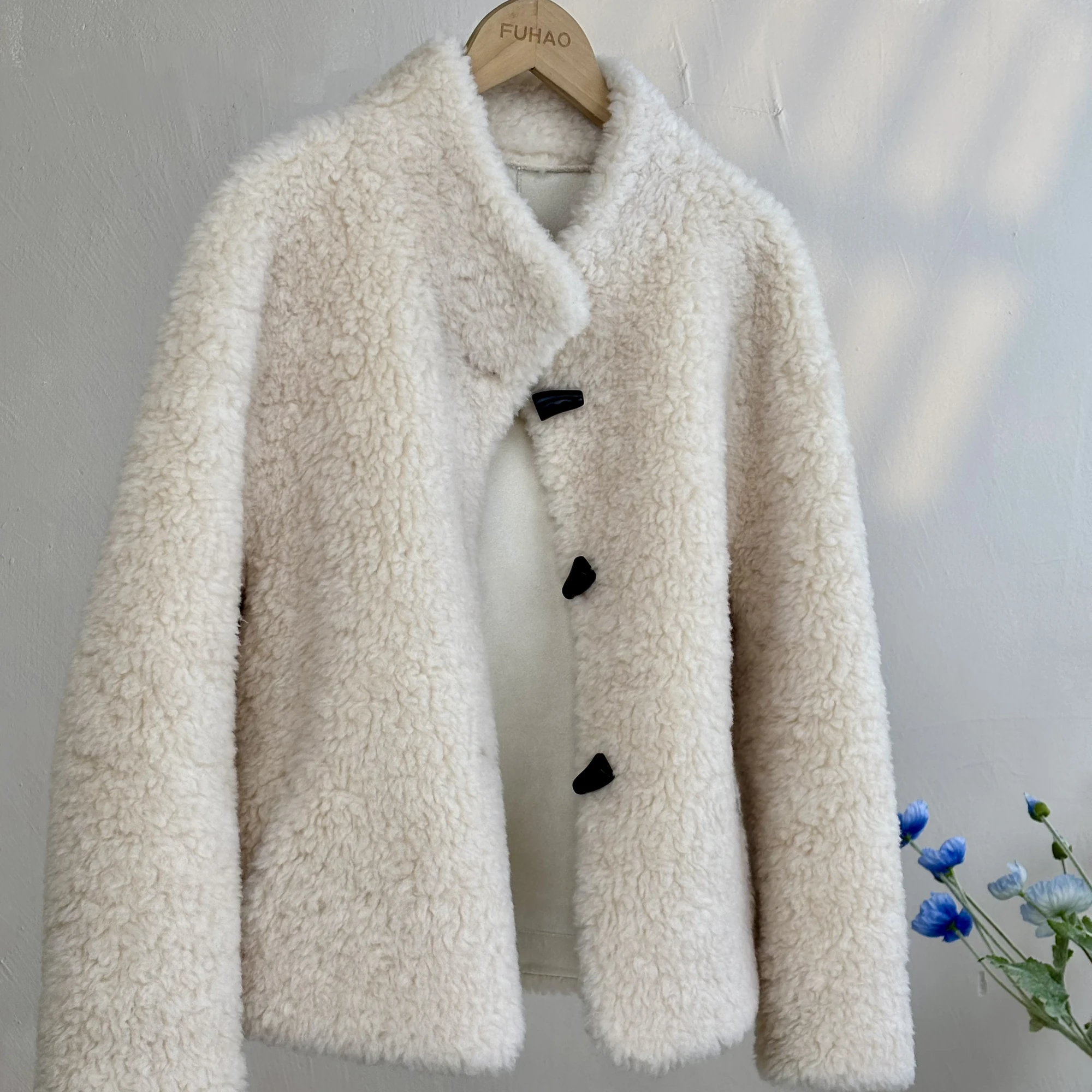 

FUHAO Vintage Lamb Fur Jaet 00 Wool Thiened Autumn Winter Warm ort Top Women's Faion Straight Cut Sle Coat