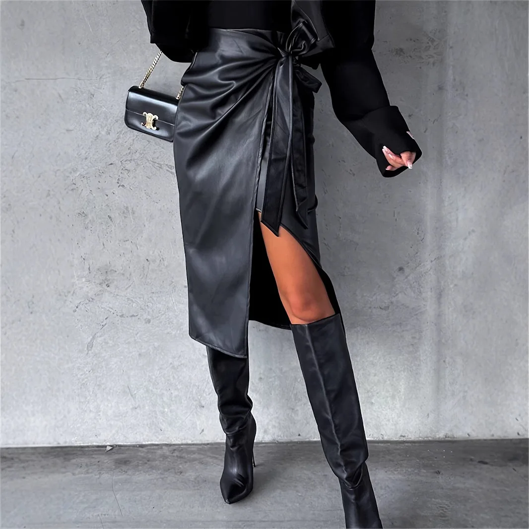 

Женские винтажные юбки из искусственной кожи, осенние черные юбки-карандаш с разрезом на цепочке, элегантные юбки-футляры с запахом и высокой талией, Femme
