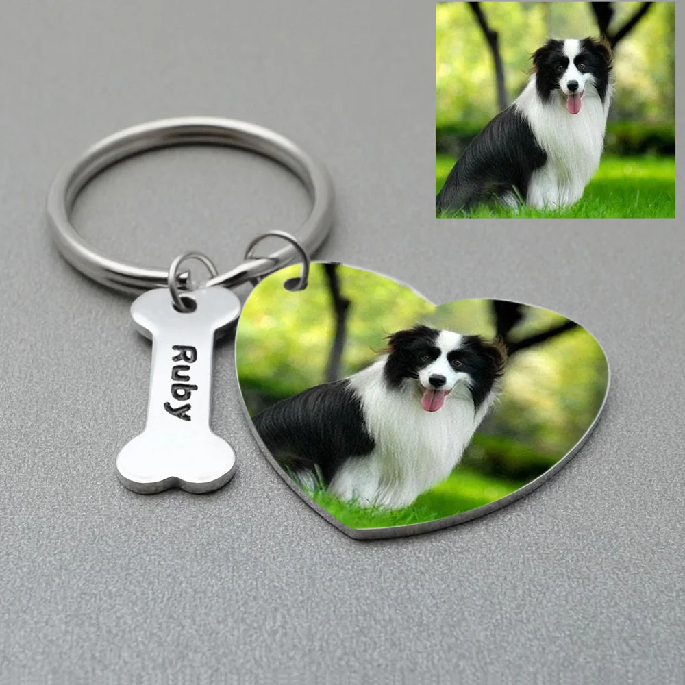 

Personalized Dog Photo Keychain Custom Heart Keychain with Bone Key Ring Personalised Dog Lover Gift Memorial Gift Dog Mom Gift