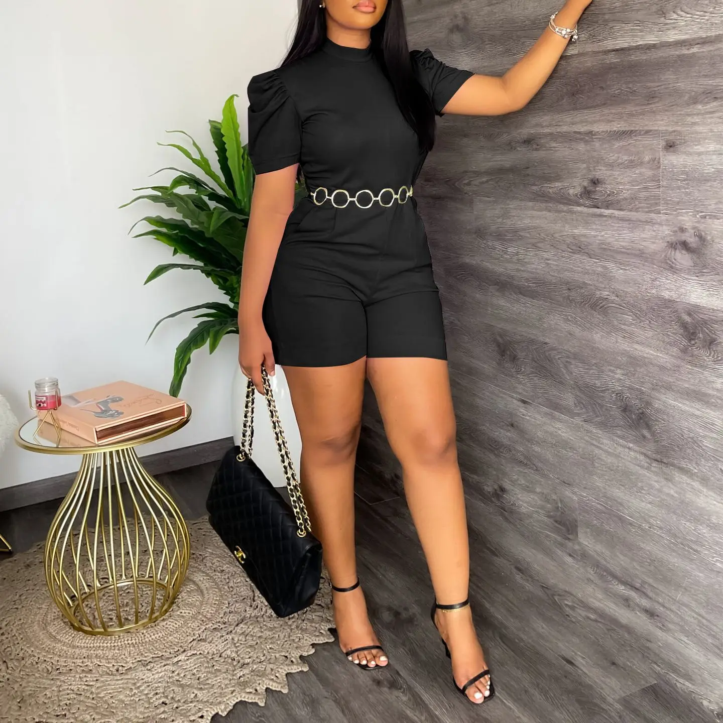 Fashion Jumpsuit Women Casual O-neck Short Sleeved High Waist Lace Up Playsuit Jumpsuit Summer Romper Streetwear