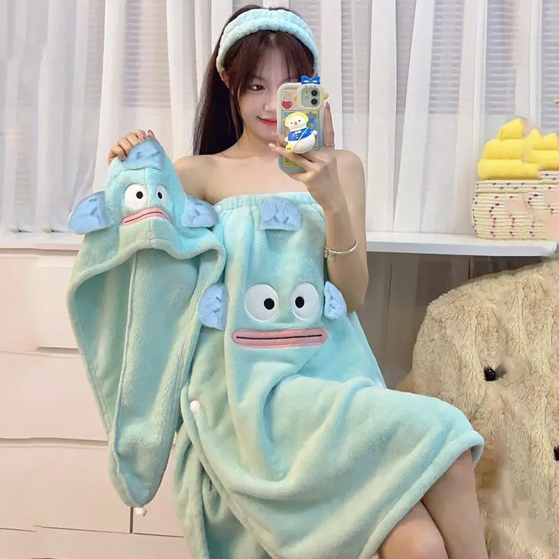 

Полотенце Sanrio с персонажем Хангйодоном и шапочкой для сушки волос, подходит для женщин, взрослых и детей, мультяшные банные полотенца