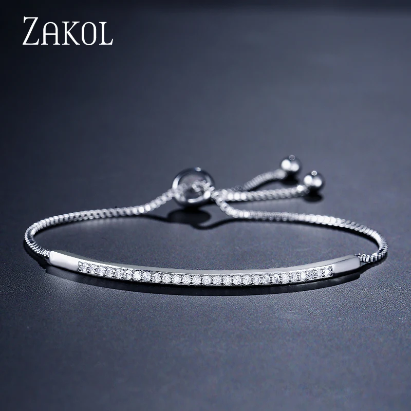 ZAKOL Simple Round Crystal Zirconia Adjustable Chain Bracelet White Gold Color Fashion Jewelry Birthday Gifts for Women