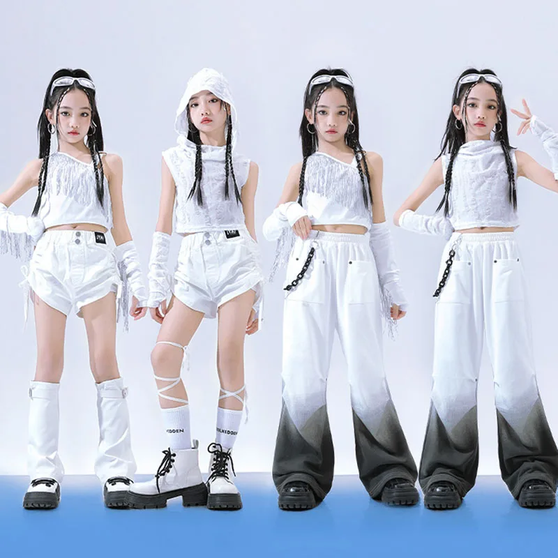 

Kid Hip Hop Clothing White Distressed Hoodie Fringe Tank Gradient Casual Baggy Pants Shorts for Girl Jazz Dance Costume Clothes