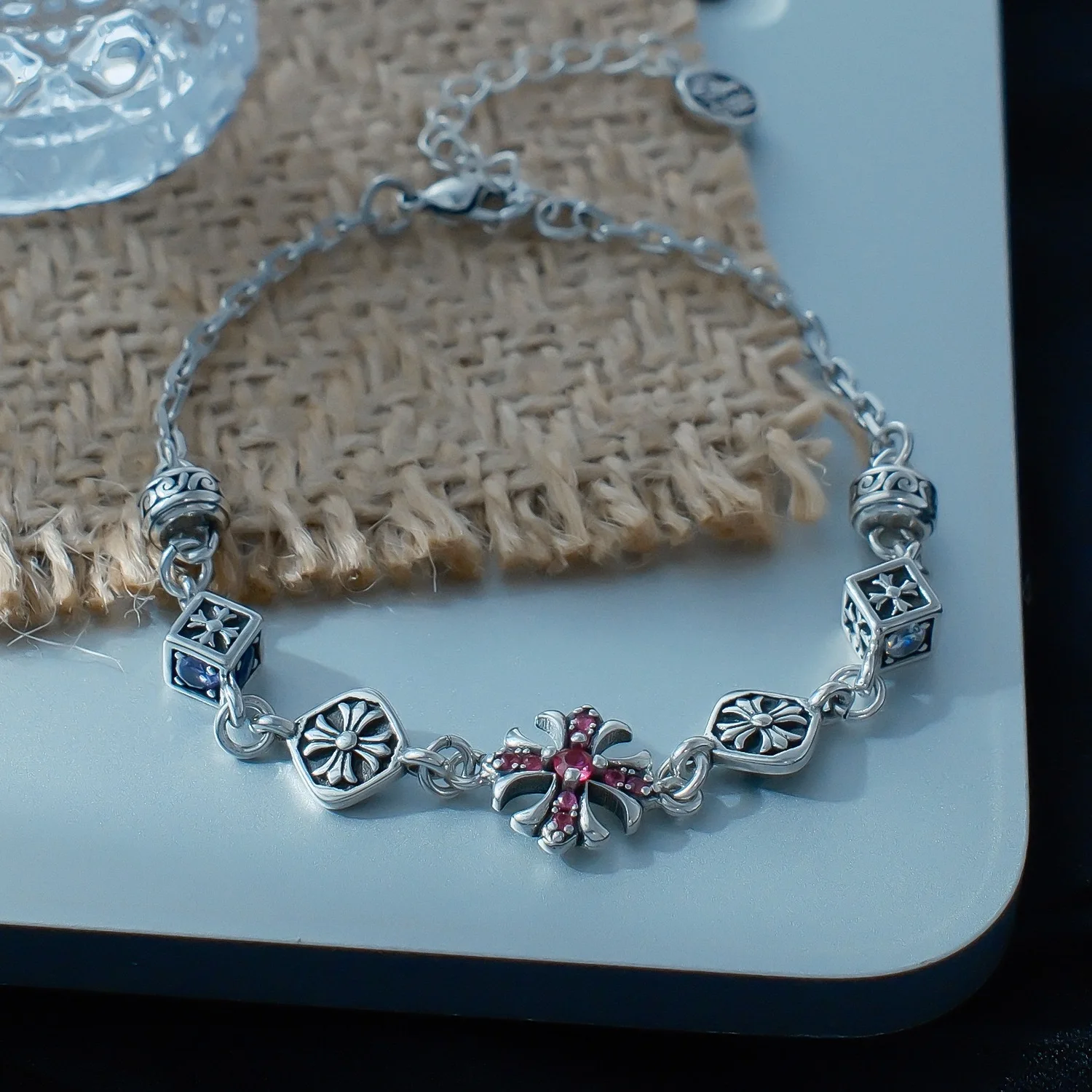 

925 Sterling Silver Bracelets for Women Men String Accessories Trend Red Flower Zircon Pendant Party Jewelry Gift