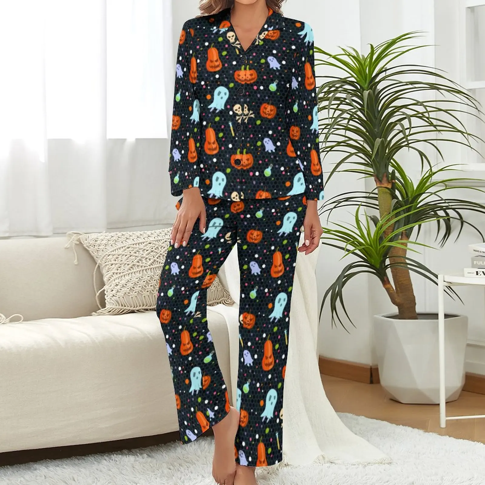 Spooky Halloween Pajamas Women Ghosts And Pumpkins Kawaii Sleepwear Long Sleeve 2 Pieces Aesthetic V Neck Printed Pajama Sets