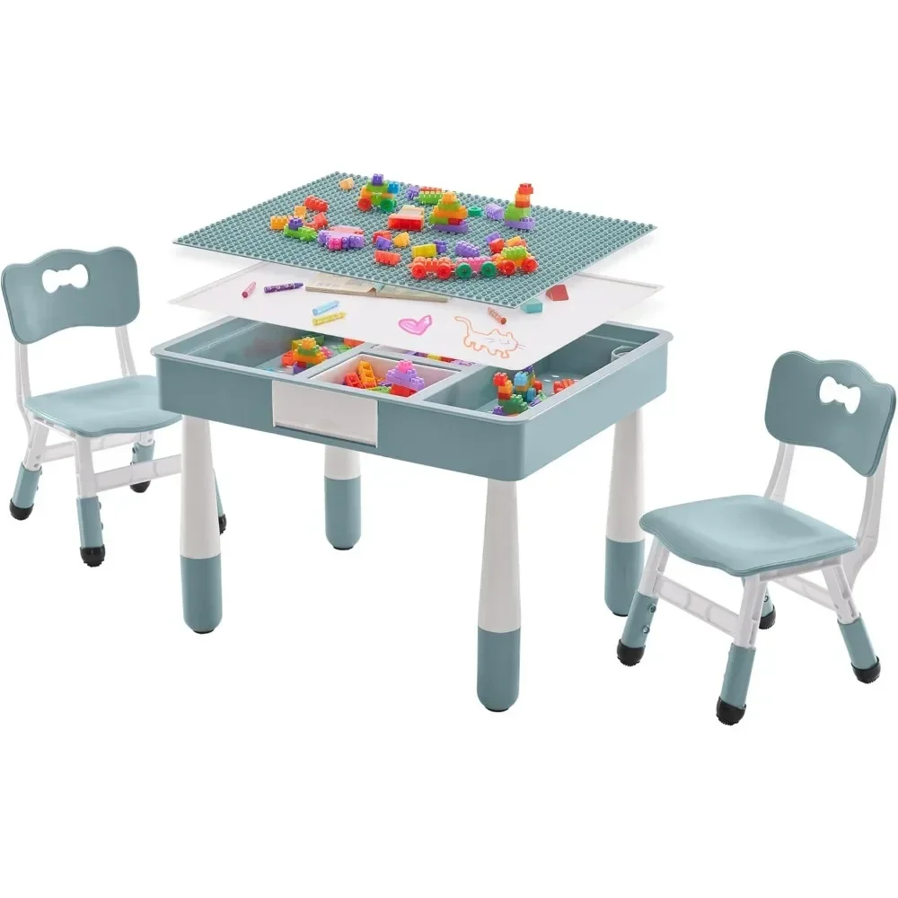 4 in 1 Kids Table and 2 Chairs Set with Storage, Toddler Table and Chair Set for Kids Ages 3-10, Graffiti & Building Blocks