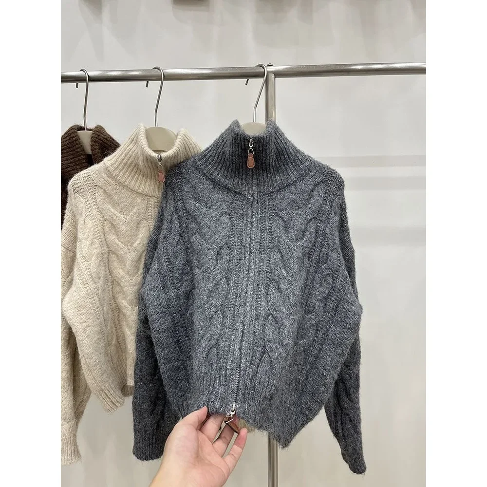 

Autumn Winter New Style Casual Chic Stand Collar Zippered High Neck Sweater Cardigan Women's Loose Knitted Outerwear Grey