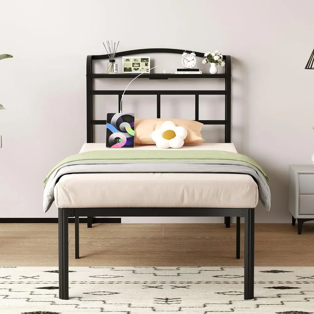 

Металлический каркас кровати Twin Size 18, черная сверхпрочная платформа с изголовьем, зарядная станция, коробчатая пружина не требуется, простая сборка и