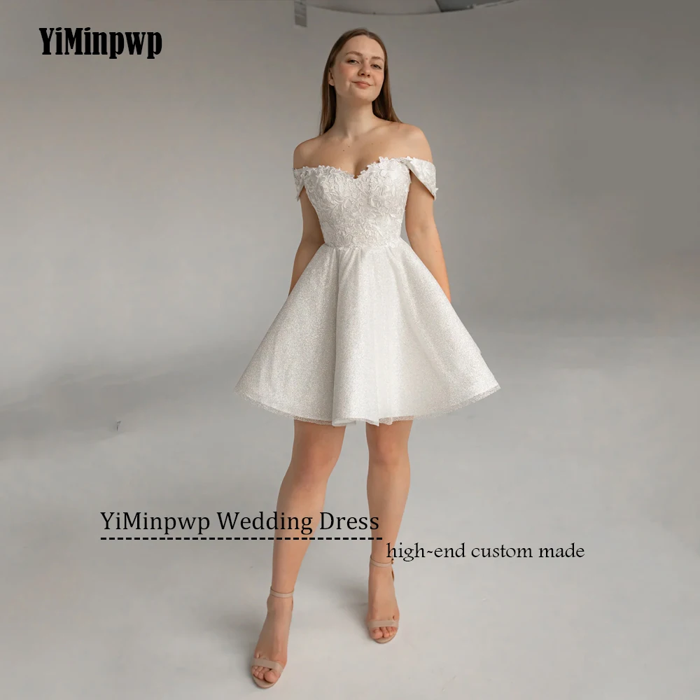 반짝이는 아플리케 웨딩 드레스 오프 숄더 스위트하트 코르셋 짧은 신부 가운 여성용 로브 드 마리에 맞춤 제작