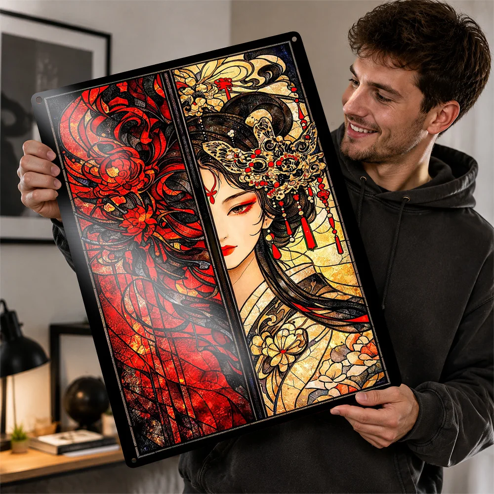 Stained Glass Portrait Of A Geisha Textured Poster Personalized Metal Tin Sign Dark Folklore Wall Art Perfect For Living Rooms