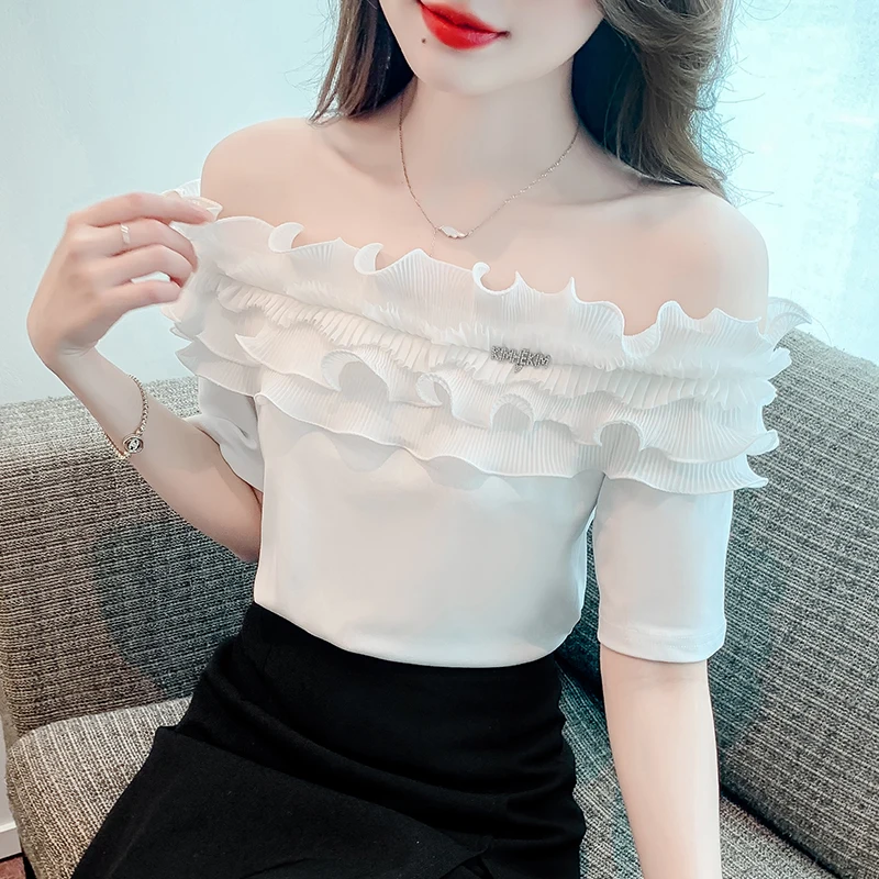 Ladies Fashion Sexy Stringy Selvedge White Off Shoulder T Shirts for Women Clothing Girls Vintage Tops Female Nice Clothes B6297