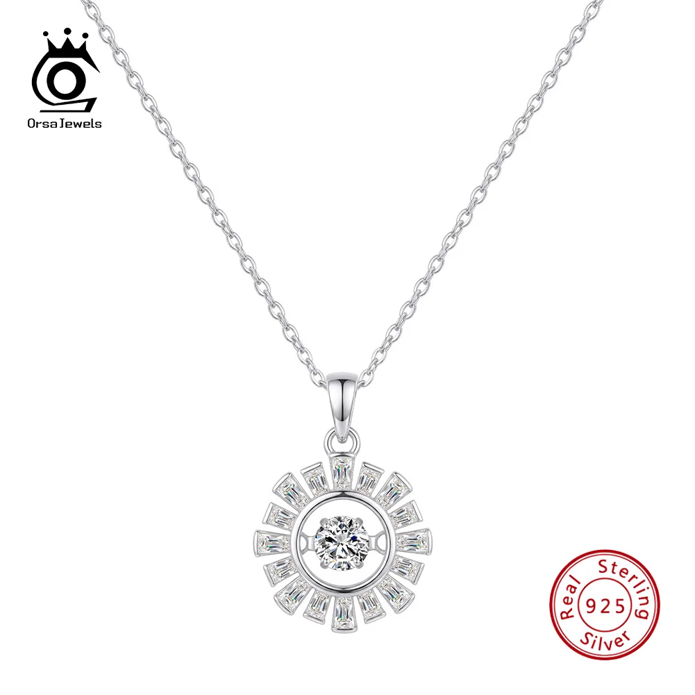 ORSA JEWELS Luxury 925 Sterling Silver Sun Halo Round Moissanite Pendant & Baguette Accents Jewelry for Anniversary MON26