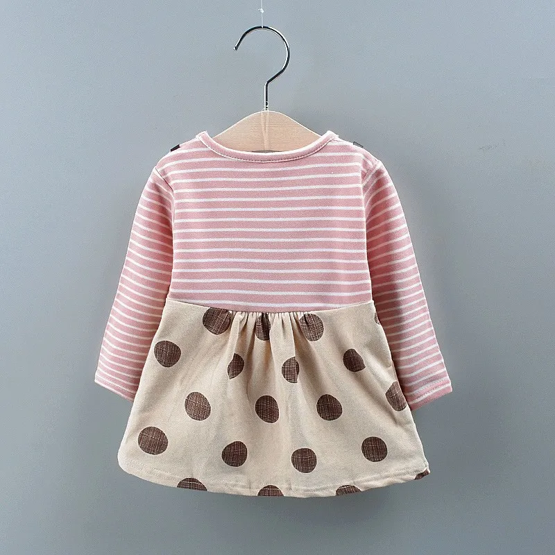 Spring and Autumn Girls\' Dress Baby Stripe Spliced Big Round Dot Fake Two Piece Set Children\'s Bow Long sleeved Dress