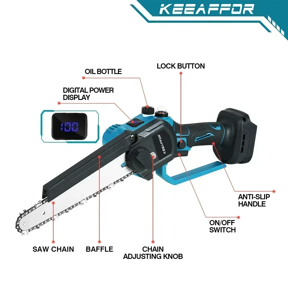 KEEAFFOR 8 Inch Brushless Electric Chainsaw Automatic Oiler Saw Garden Pruning Handheld Woodworking Tools for Makita 18V Battery