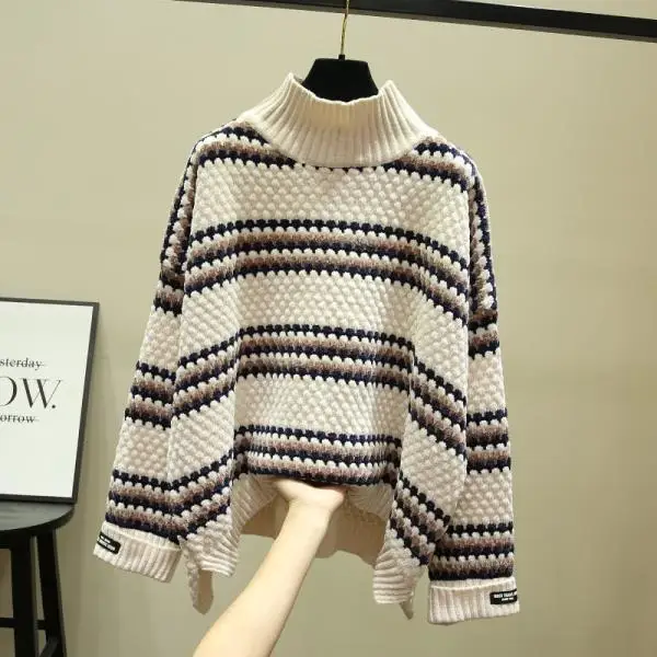 

Woman Sweaters Turtleneck Sweater Loose Autumn Winter 2020 Striped Pleuche Thickened Pullover Femme Chandails Pull Hiver