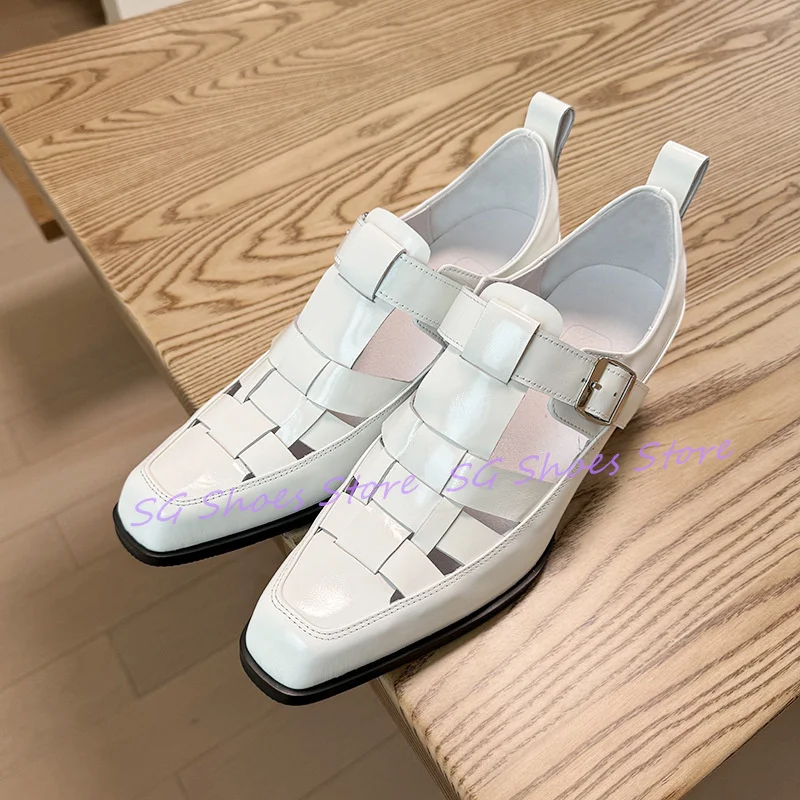 

Roman Weaving Hollow Out Male Leisure Shoes Summer Breathable Sandals for Men Square Toe Chunky Heel Buckle Strap Shoes