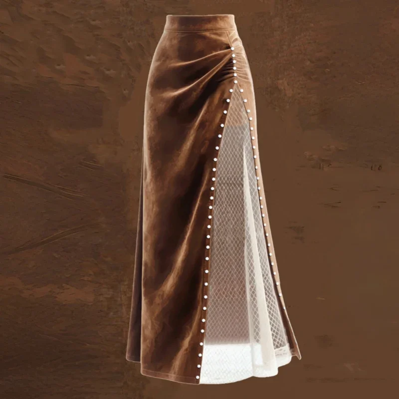 

Vintage Western Solid Suede Splicing Mesh Skirt Woman Sexy Long Skirt 2026 Spring Autumn High Waist Hollow Skirt