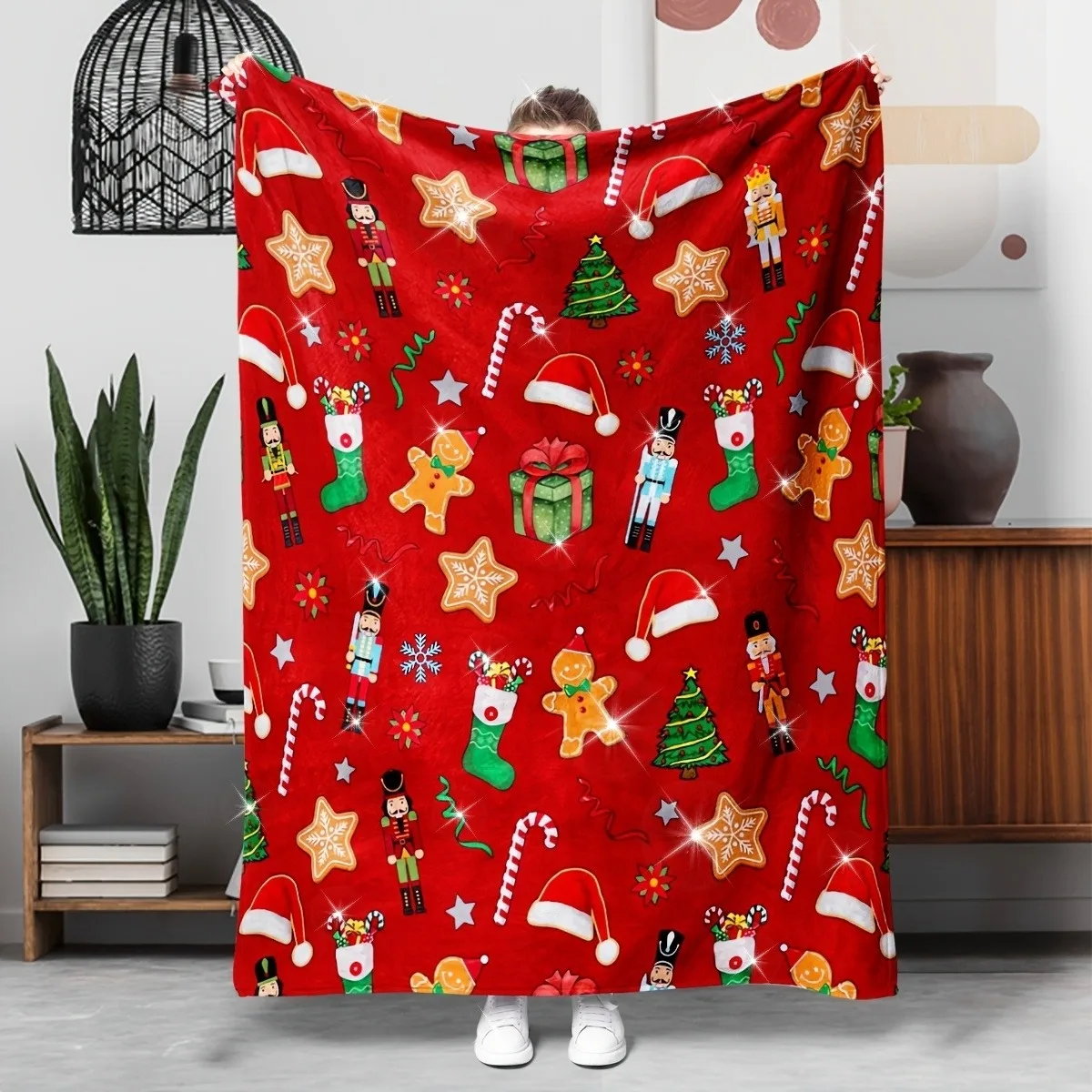 Festive Delight Christmas Blanket with Nutcrackers Cookies & Stars Pattern Print Soft and comfortable New Year Home Decoration